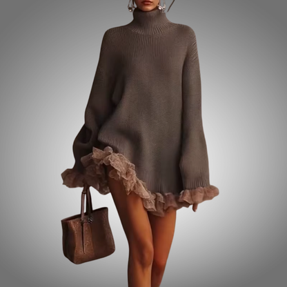 Vestido corto de punto con cuello alto, elegante, con encaje, sexy