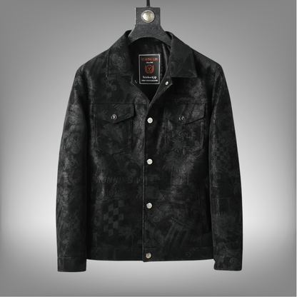 Chaqueta de cuero sintético con solapa para hombre, corta, informal, con estampado