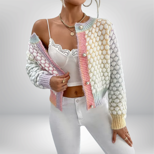 Suéter tipo cárdigan elegante y de moda, chaqueta de cuello redondo