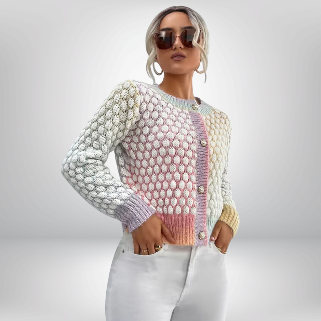 Suéter tipo cárdigan elegante y de moda, chaqueta de cuello redondo