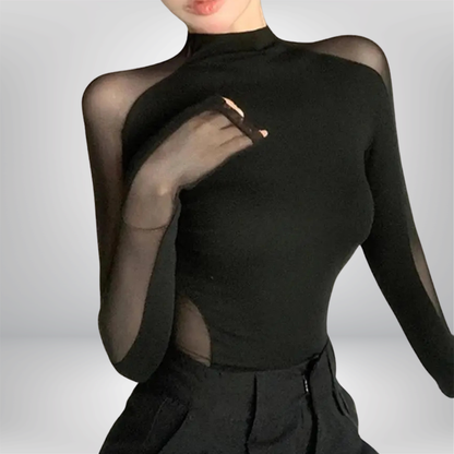 Top negro sexy de malla hueca con parches para mujer