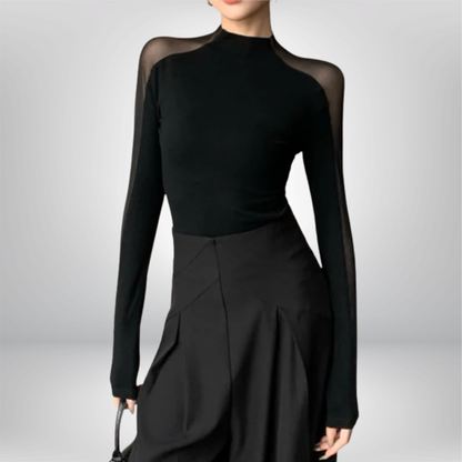 Top negro sexy de malla hueca con parches para mujer
