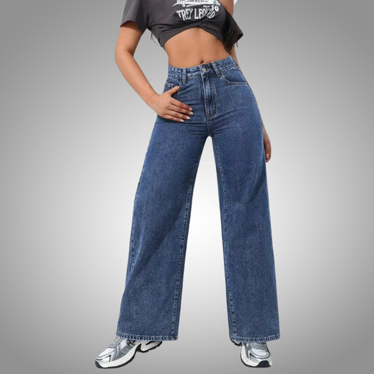 Pantalones vaqueros para muje de mezclilla de pierna ancha, de cintura alta