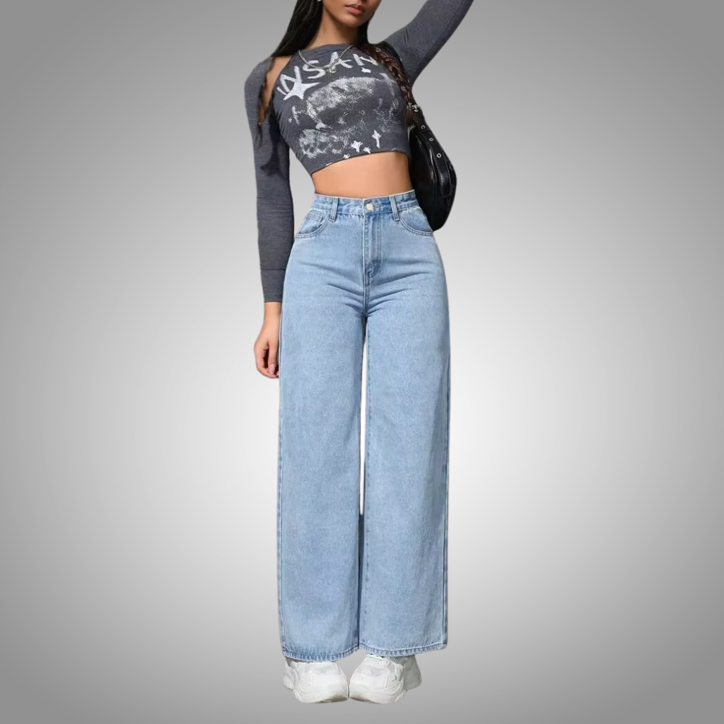 Pantalones vaqueros para muje de mezclilla de pierna ancha, de cintura alta