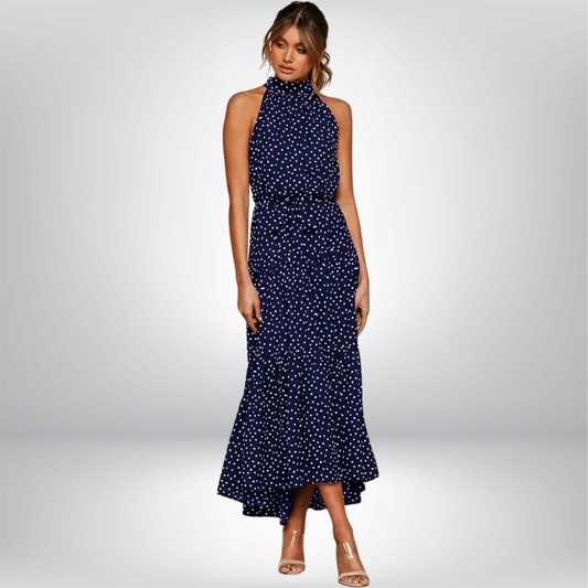 Vestido cuello halter, sin mangas, estampado de lunares, con cordones