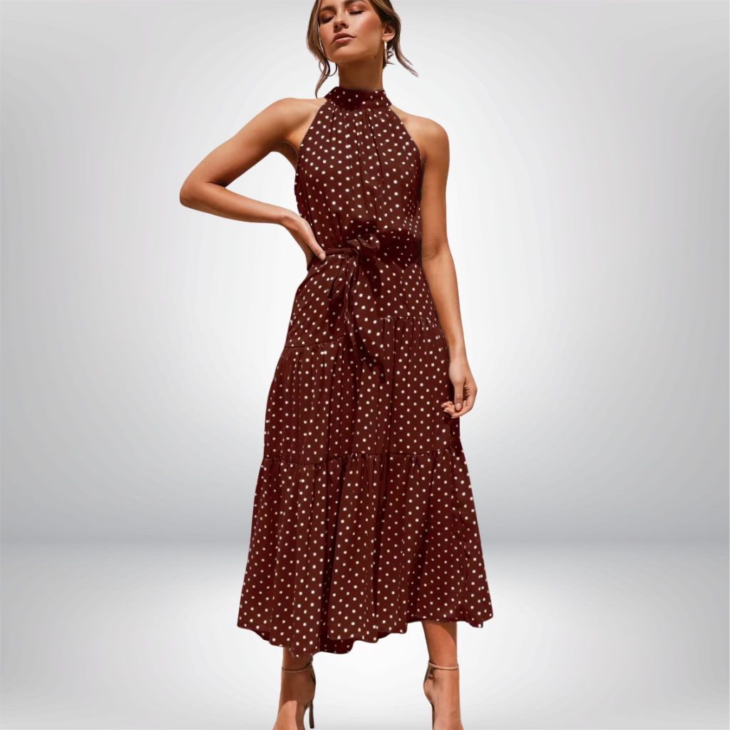 Vestido cuello halter, sin mangas, estampado de lunares, con cordones