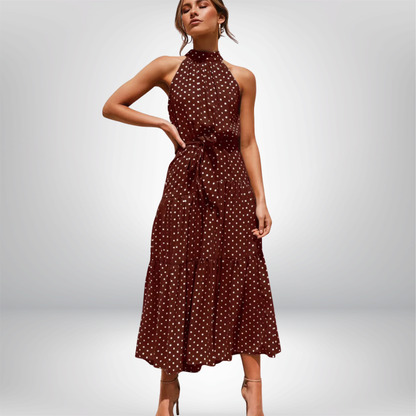 Vestido cuello halter, sin mangas, estampado de lunares, con cordones