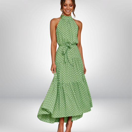 Vestido cuello halter, sin mangas, estampado de lunares, con cordones