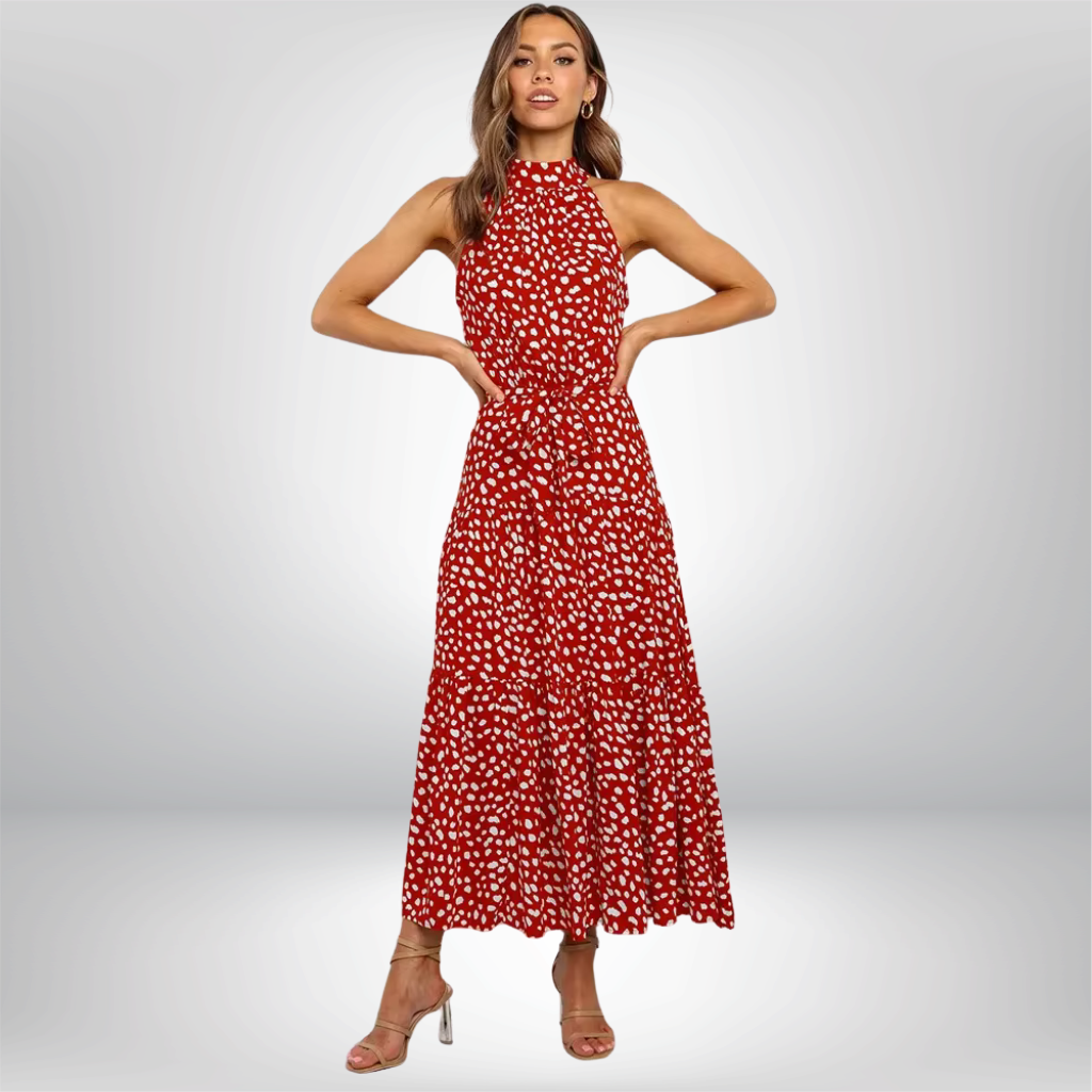 Vestido cuello halter, sin mangas, estampado de lunares, con cordones