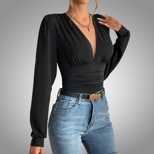 Body, Blusa con mangas abullonadas plisadas retro de corte bajo y sexy para mujer