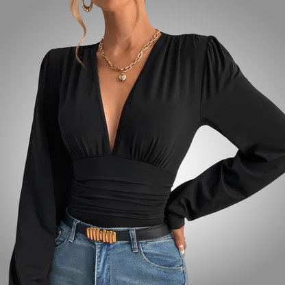 Body, Blusa con mangas abullonadas plisadas retro de corte bajo y sexy para mujer