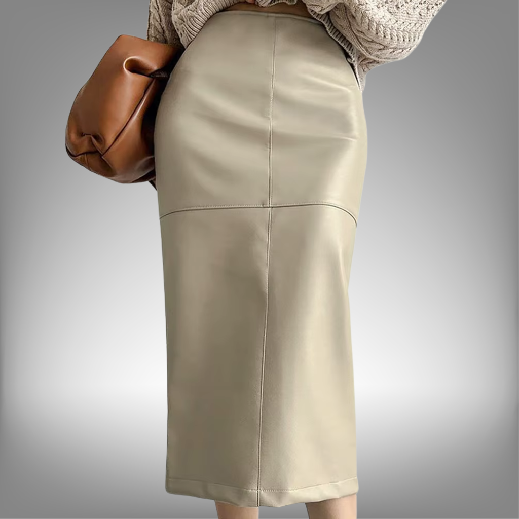 Falda elegante de piel sintética color caqui, cintura alta