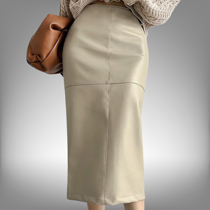 Falda elegante de piel sintética color caqui, cintura alta