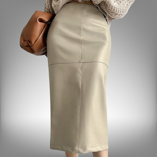 Falda elegante de piel sintética color caqui, cintura alta