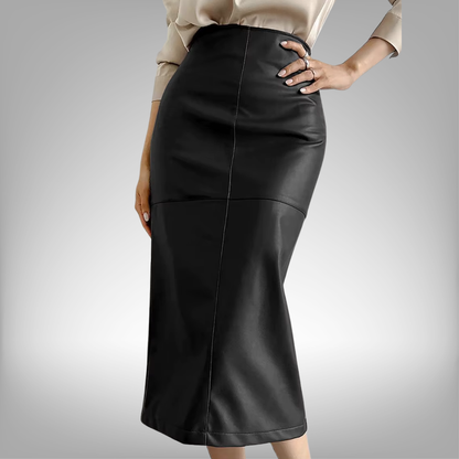Falda elegante de piel sintética color caqui, cintura alta