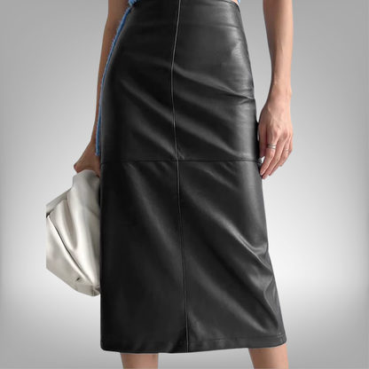 Falda elegante de piel sintética color caqui, cintura alta