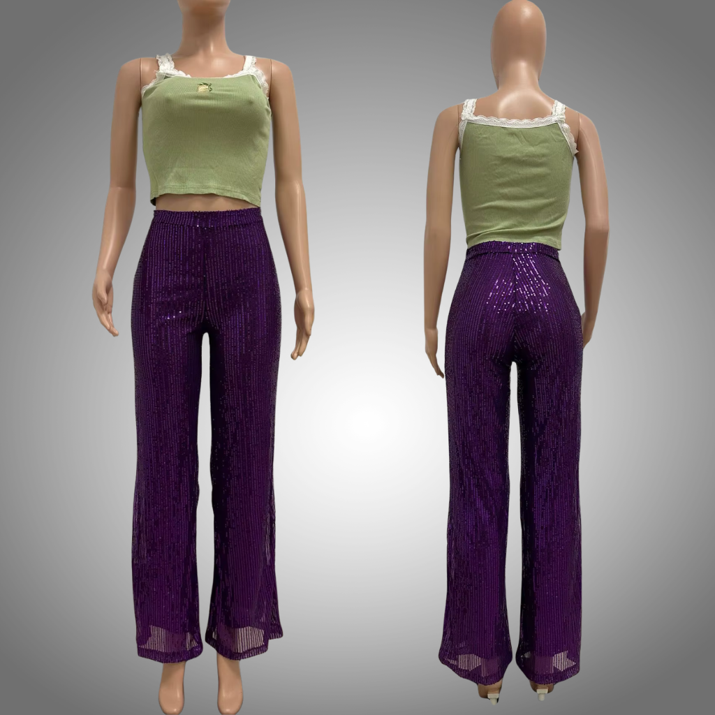 Pantalones acampanados de cintura alta con lentejuelas brillantes para mujer