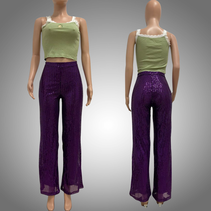Pantalones acampanados de cintura alta con lentejuelas brillantes para mujer