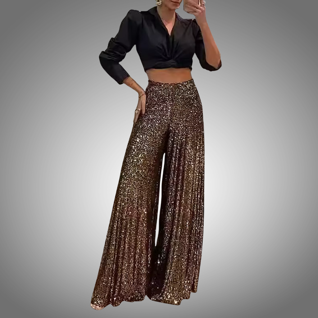 Pantalones elegantes tipo Campana con hilo dorado para mujer