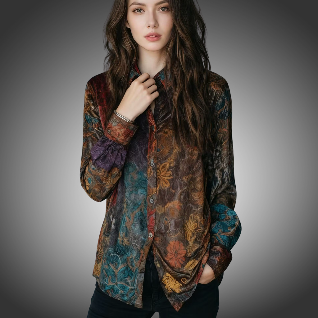 Camisa informal de manga larga con botones y estampado floral retro para mujer