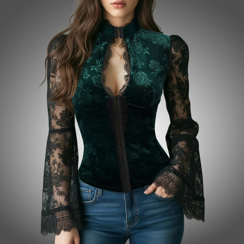 Blusa elegante de terciopelo para mujer, con ribete de encaje, cuello alto sexy