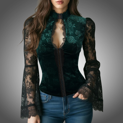 Blusa elegante de terciopelo para mujer, con ribete de encaje, cuello alto sexy