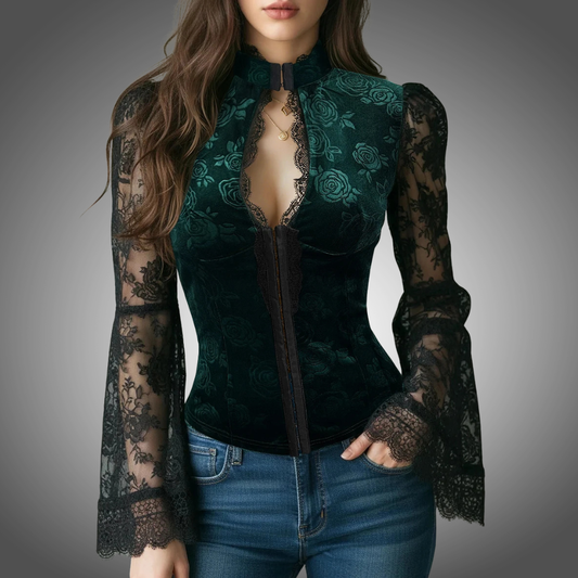Blusa elegante de terciopelo para mujer, con ribete de encaje, cuello alto sexy