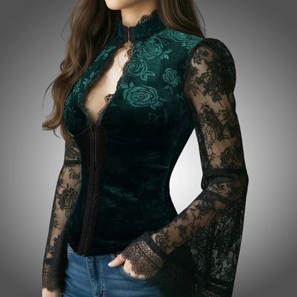 Blusa elegante de terciopelo para mujer, con ribete de encaje, cuello alto sexy