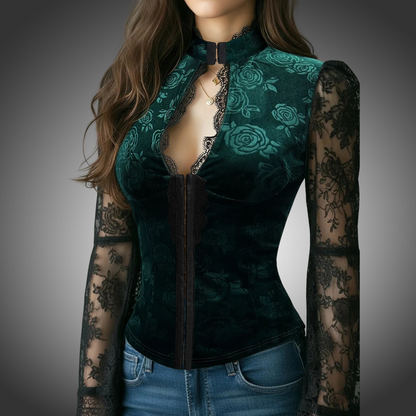 Blusa elegante de terciopelo para mujer, con ribete de encaje, cuello alto sexy