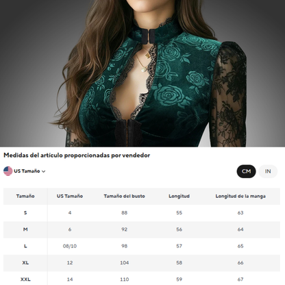 Blusa elegante de terciopelo para mujer, con ribete de encaje, cuello alto sexy