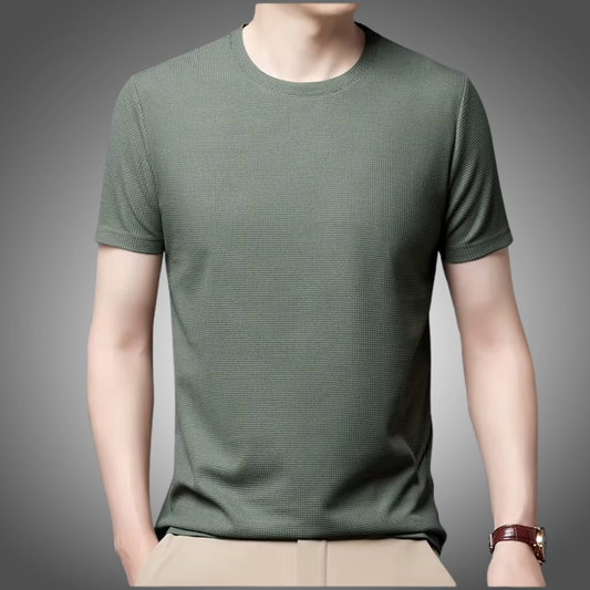 Polo liso tipo gofre de manga corta con cuello redondo para hombre