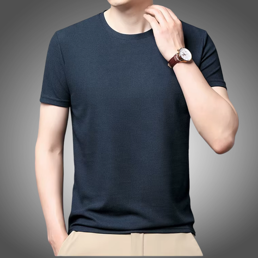 Polo liso tipo gofre de manga corta con cuello redondo para hombre