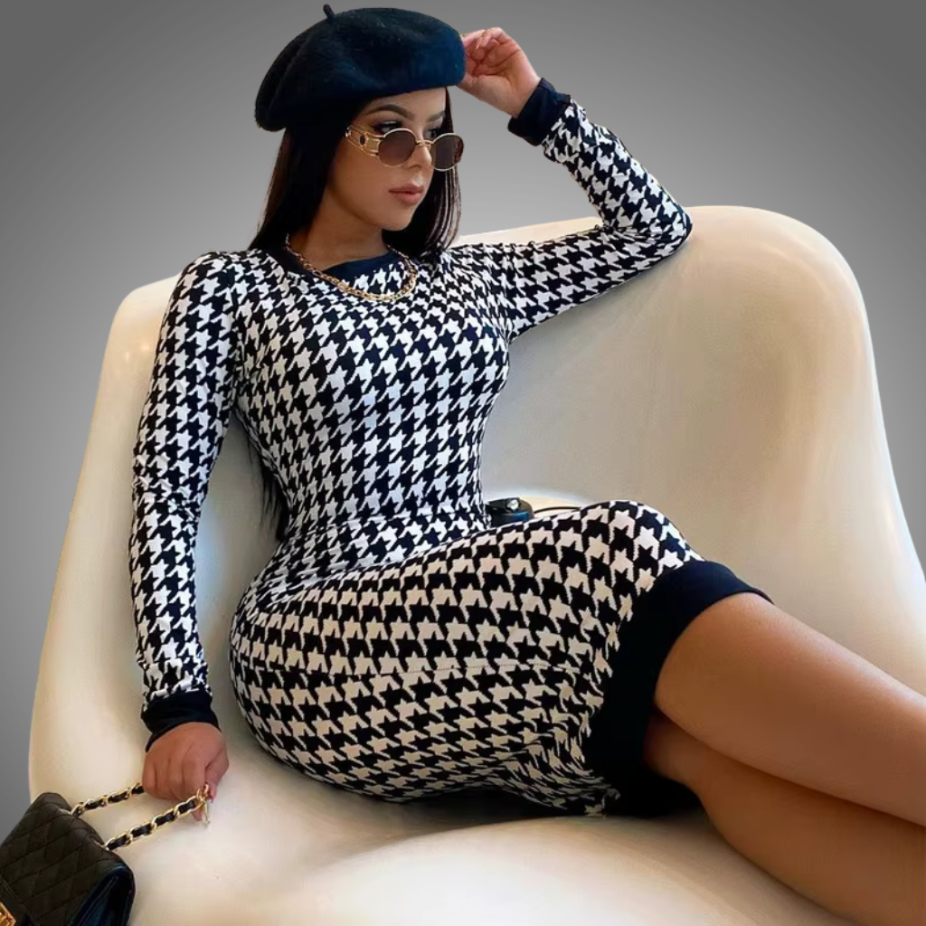 Vestido Midi de manga larga con estampado de pata de gallo para mujer