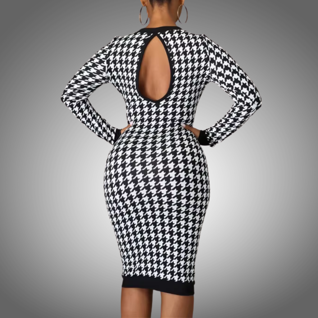 Vestido Midi de manga larga con estampado de pata de gallo para mujer