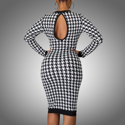 Vestido Midi de manga larga con estampado de pata de gallo para mujer