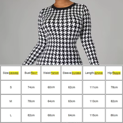 Vestido Midi de manga larga con estampado de pata de gallo para mujer