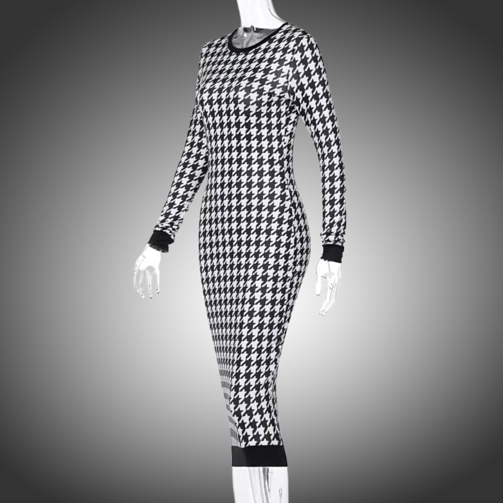 Vestido Midi de manga larga con estampado de pata de gallo para mujer