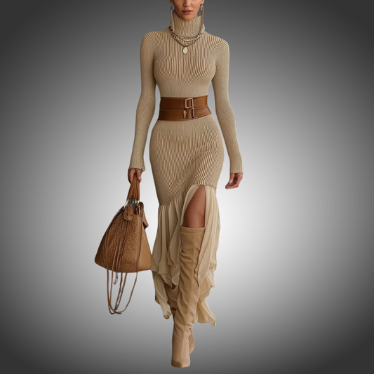 Vestido de cuello alto tejido para mujer con manga larga