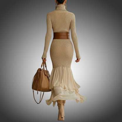 Vestido de cuello alto tejido para mujer con manga larga