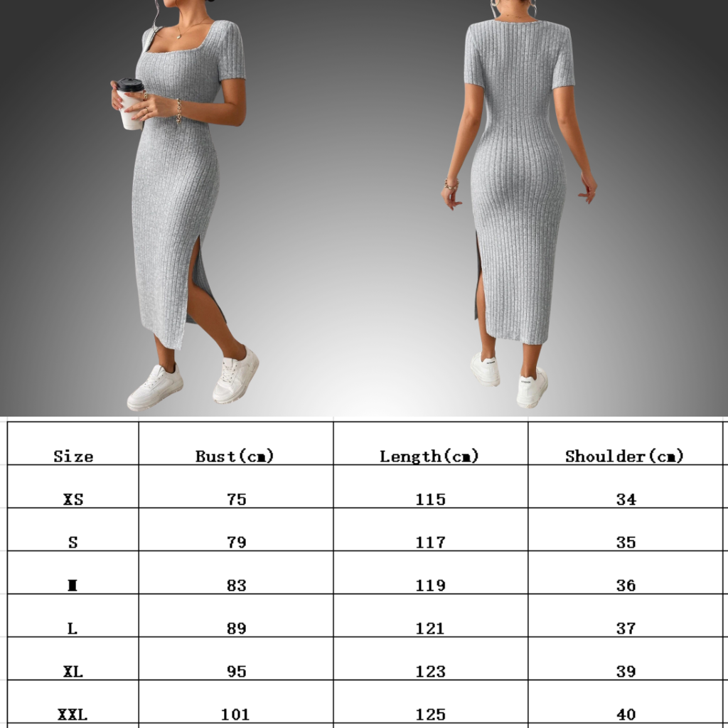 Vestido de punto estilo  informal, de manga corta, con cuello cuadrado y abertura lateral