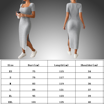 Vestido de punto estilo  informal, de manga corta, con cuello cuadrado y abertura lateral