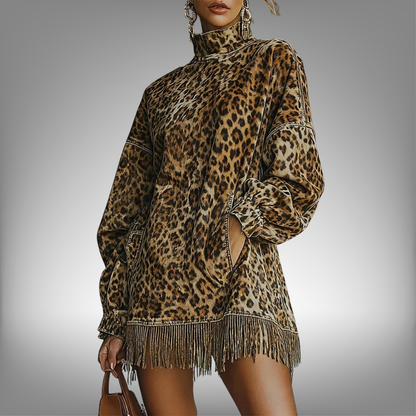Vestido mini con estampado de leopardo para mujer, manga farol, cuello alto, holgado