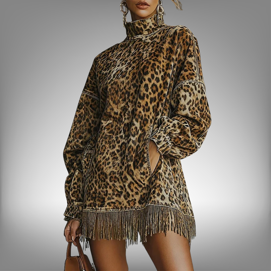 Vestido mini con estampado de leopardo para mujer, manga farol, cuello alto, holgado