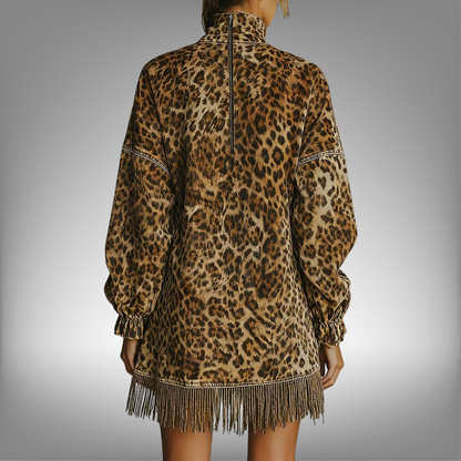 Vestido mini con estampado de leopardo para mujer, manga farol, cuello alto, holgado