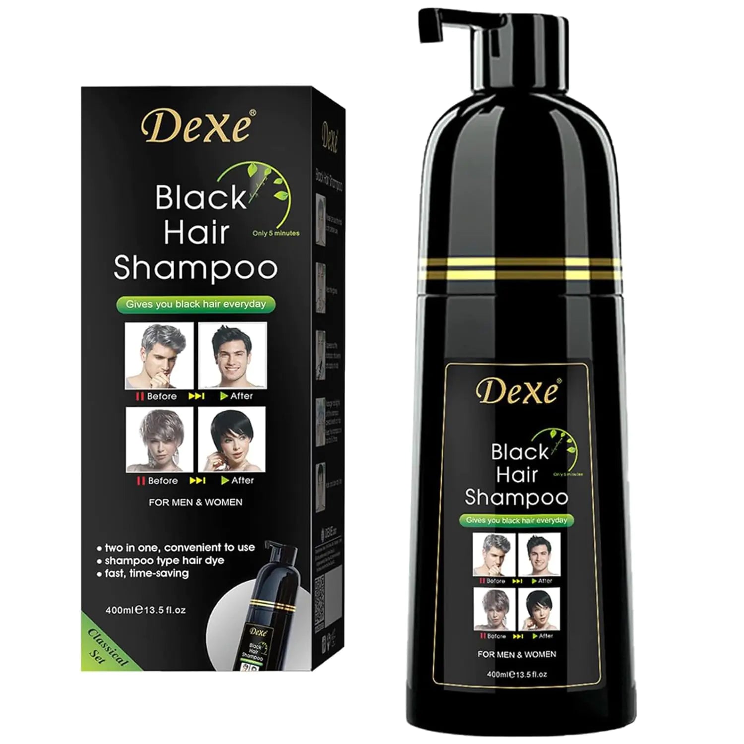 UniForU Champú Tinte de Cabello Negro 400ml Color Instantáneo por hasta 30 Días para Mujeres y Hombres