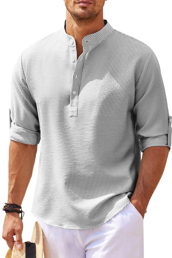 Camisa de Verano con Cuello Mao y Textura de Piña