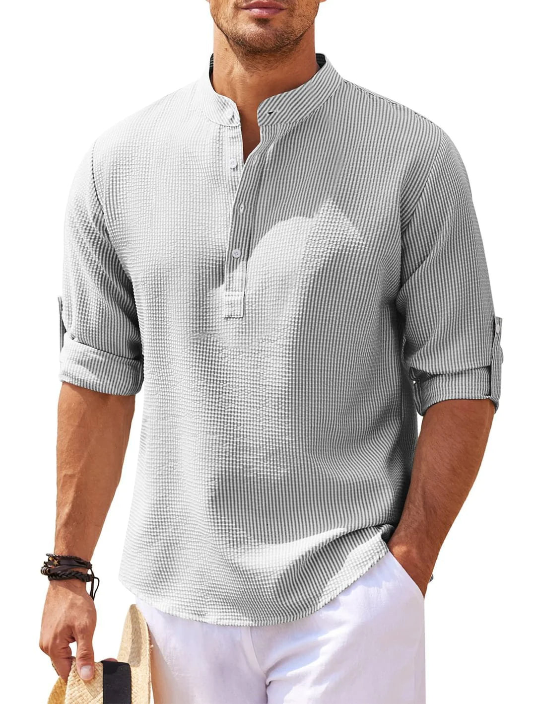 Camisa de Verano con Cuello Mao y Textura de Piña