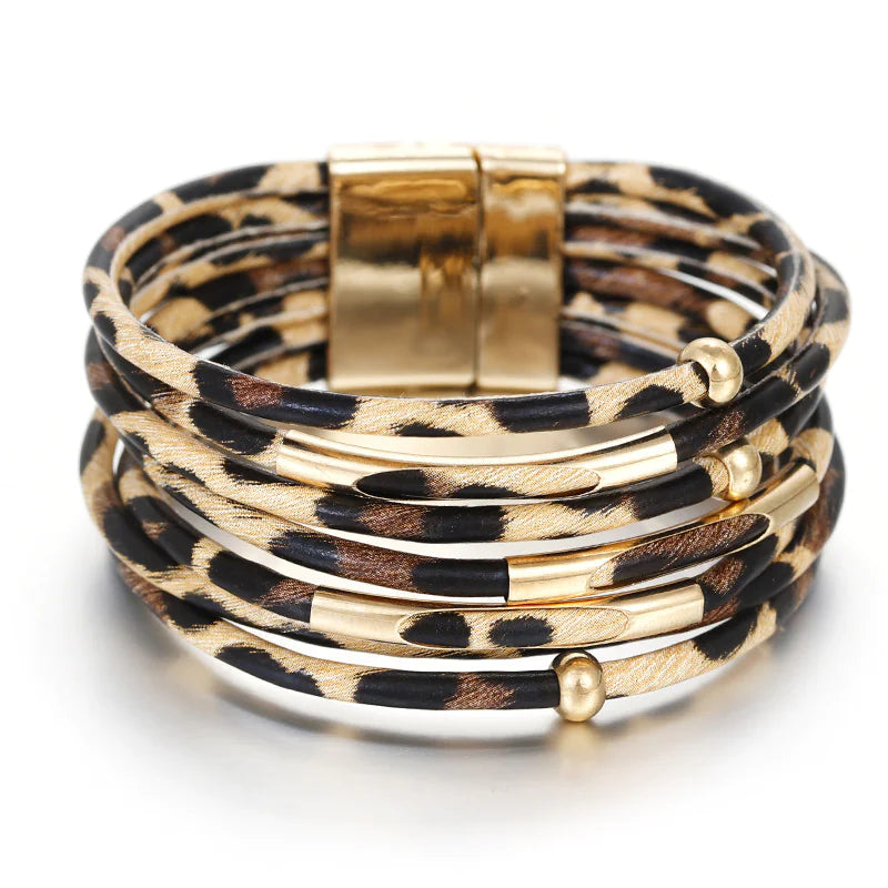 Pulsera de Cuero con Estampado de Leopardo