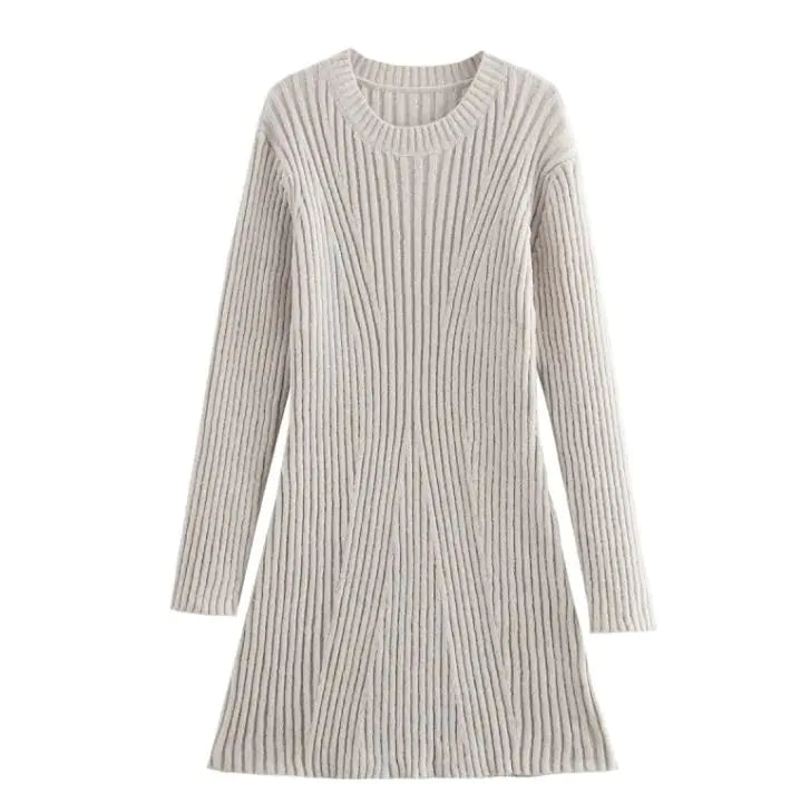 Vestido de Punto Acanalado Sólido de Moda, Cuello Alto