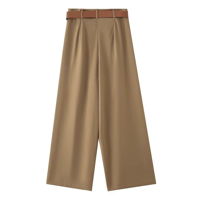 Pantalones HXAO para mujer, de cintura alta, anchos y con cinturón